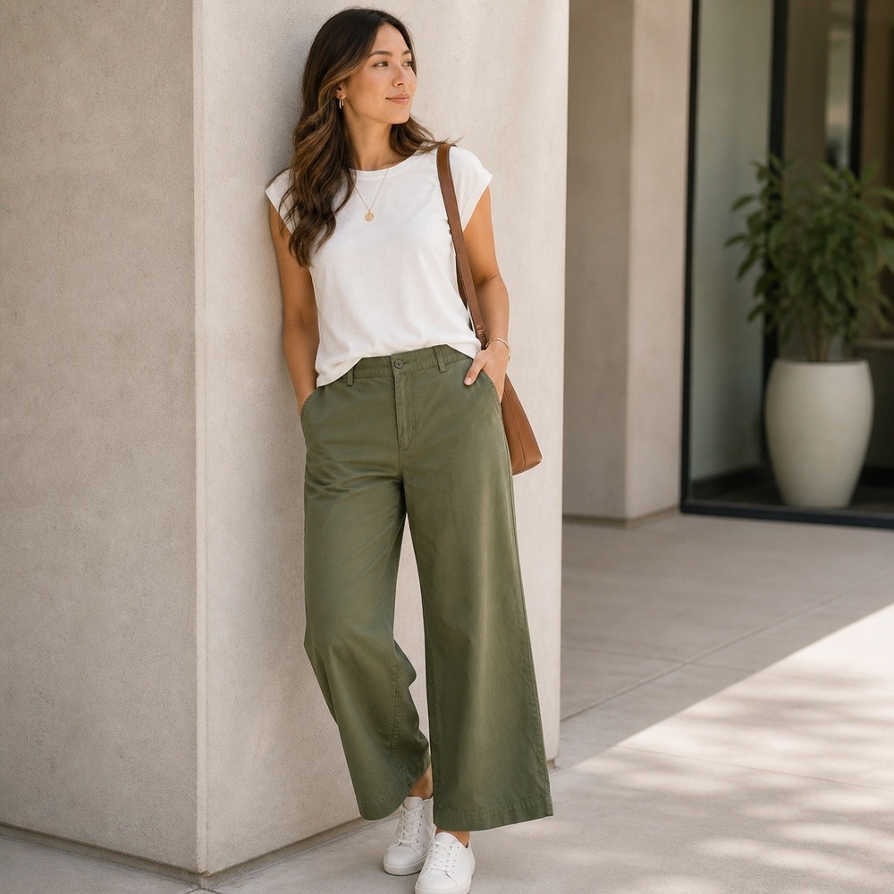 Uniqlo Womens Wide Leg Pants Sz 14 Olive Green Minimalist Casual‎ Workwear Chic